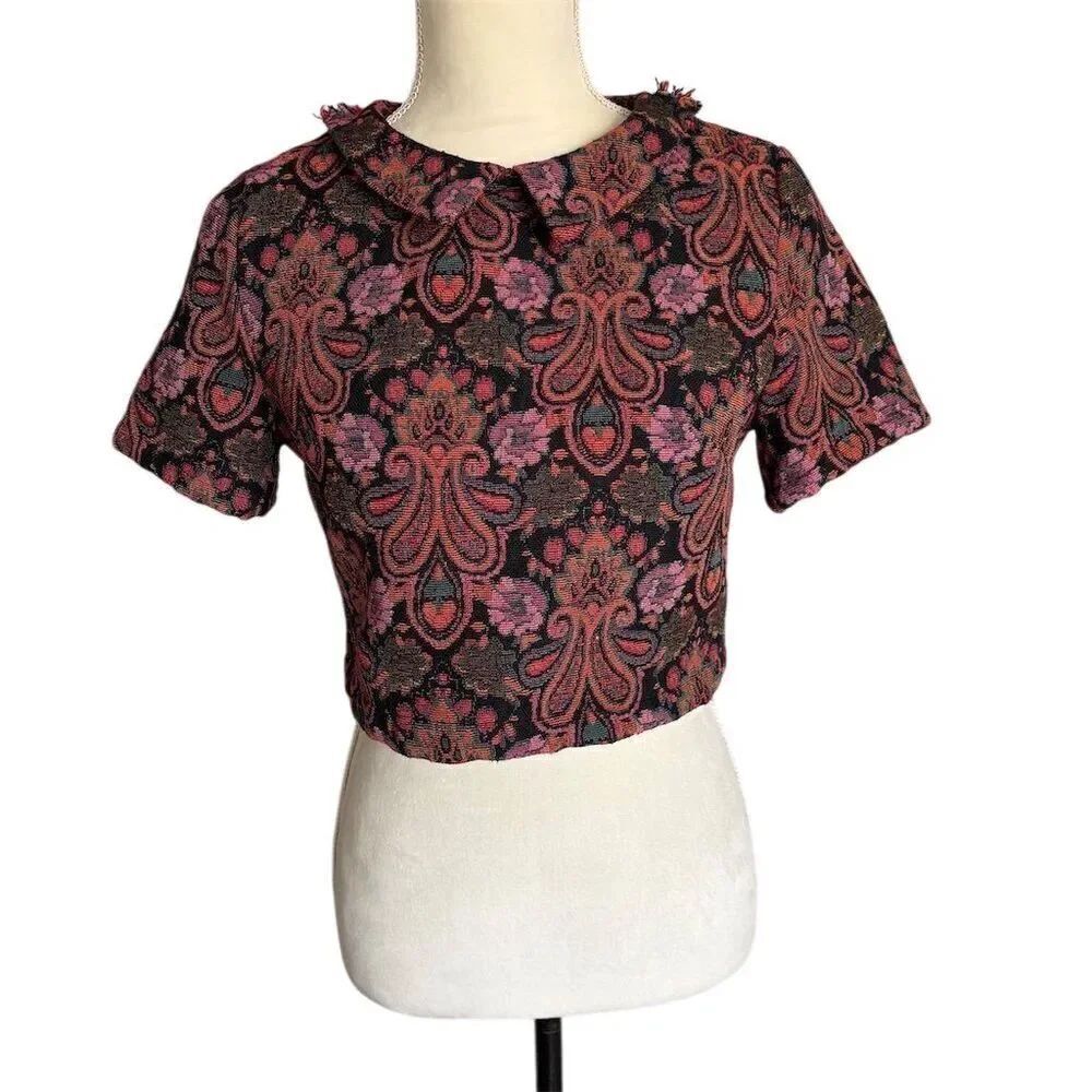 Fashion Union Women's Floral Collared Crop Top Blouse Size 6 Tapestry Retro